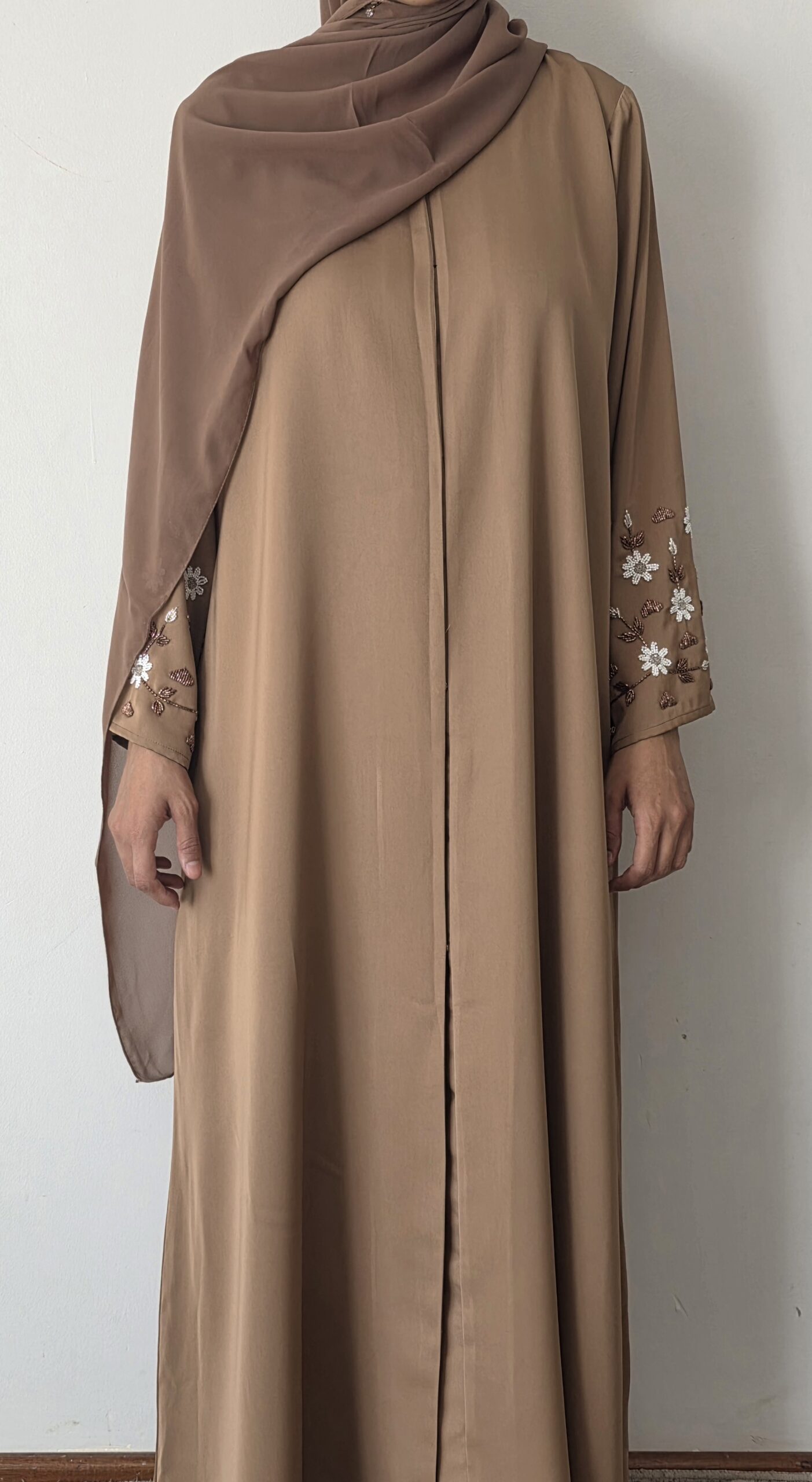 20260411_131208 Cocoa Bloom Abaya — cocoa brown abaya with beaded floral embroidery, front view