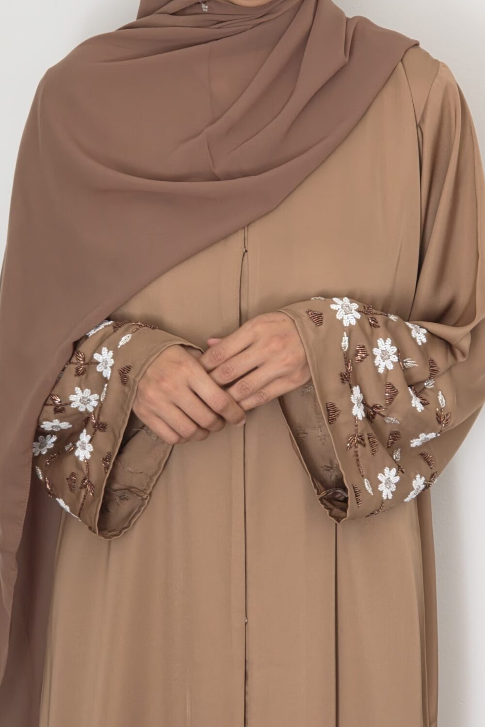 Cocoa Bloom Abaya — cocoa brown abaya with beaded floral embroidery, side view