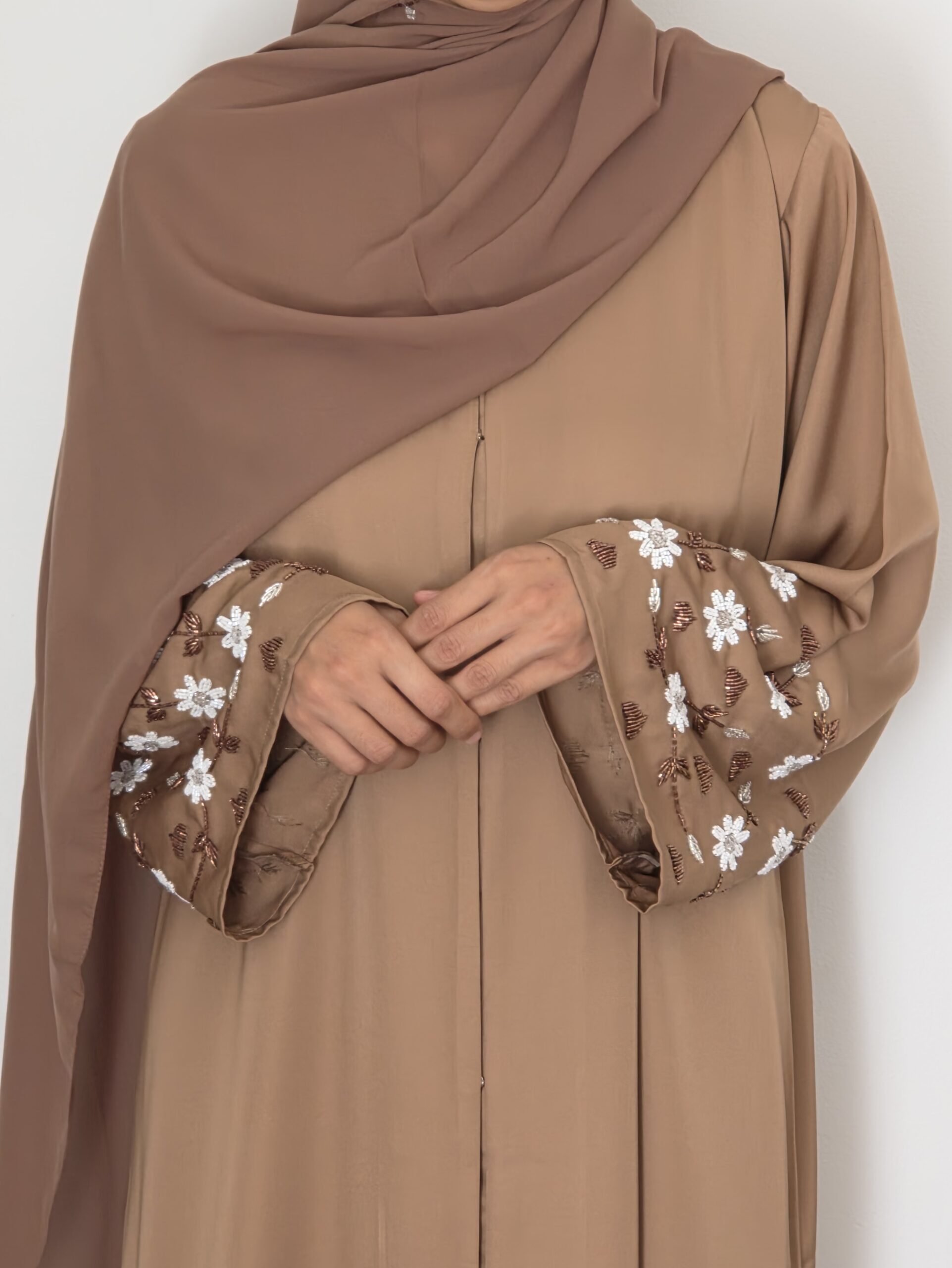 20260411_131442 Cocoa Bloom Abaya — cocoa brown abaya with beaded floral embroidery, side view