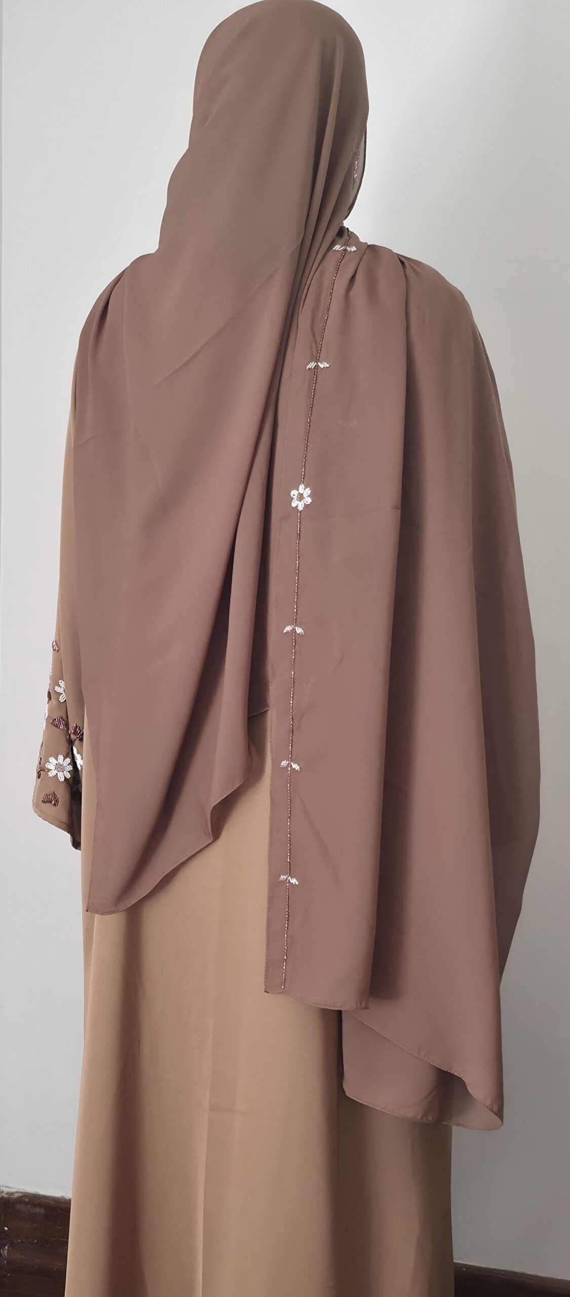 20260411_132705 Cocoa Bloom Abaya — cocoa brown abaya with beaded floral embroidery, back view