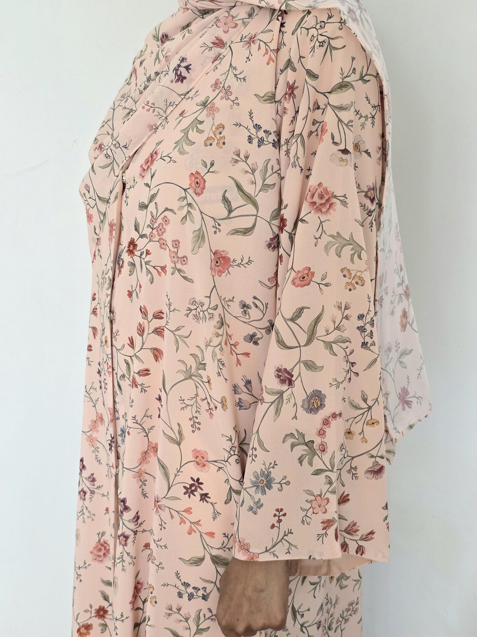 Blossom Abaya — floral chiffon abaya, side view