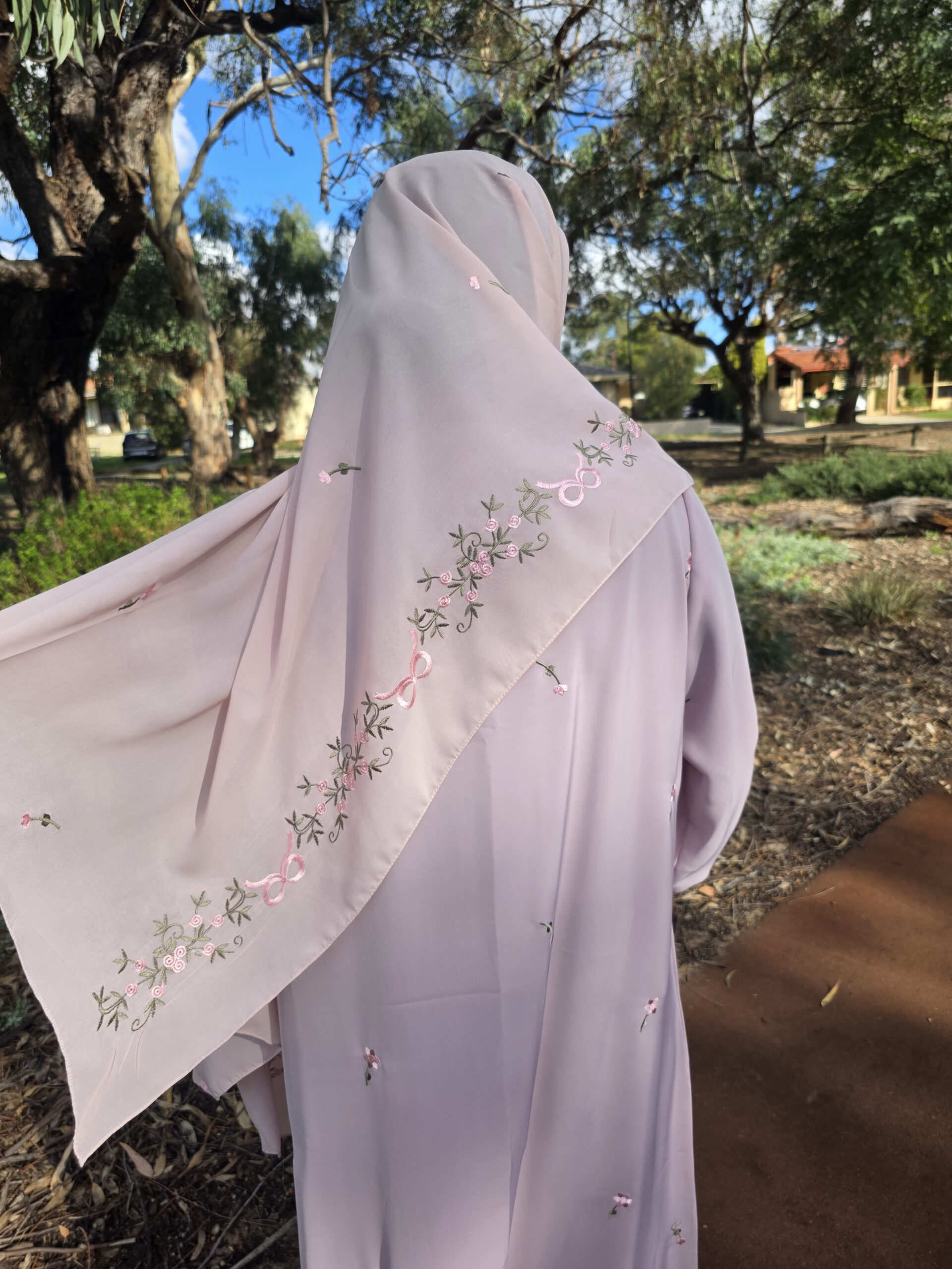 Rose Abaya — dusty rose abaya, styled view
