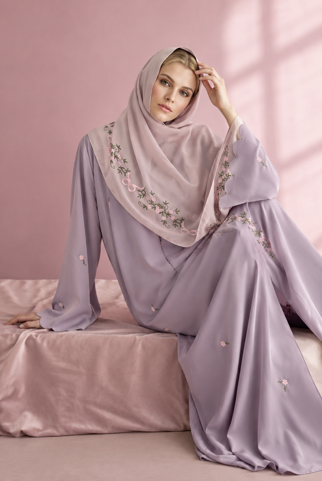 Rose Abaya — dusty rose abaya, with hijab detail