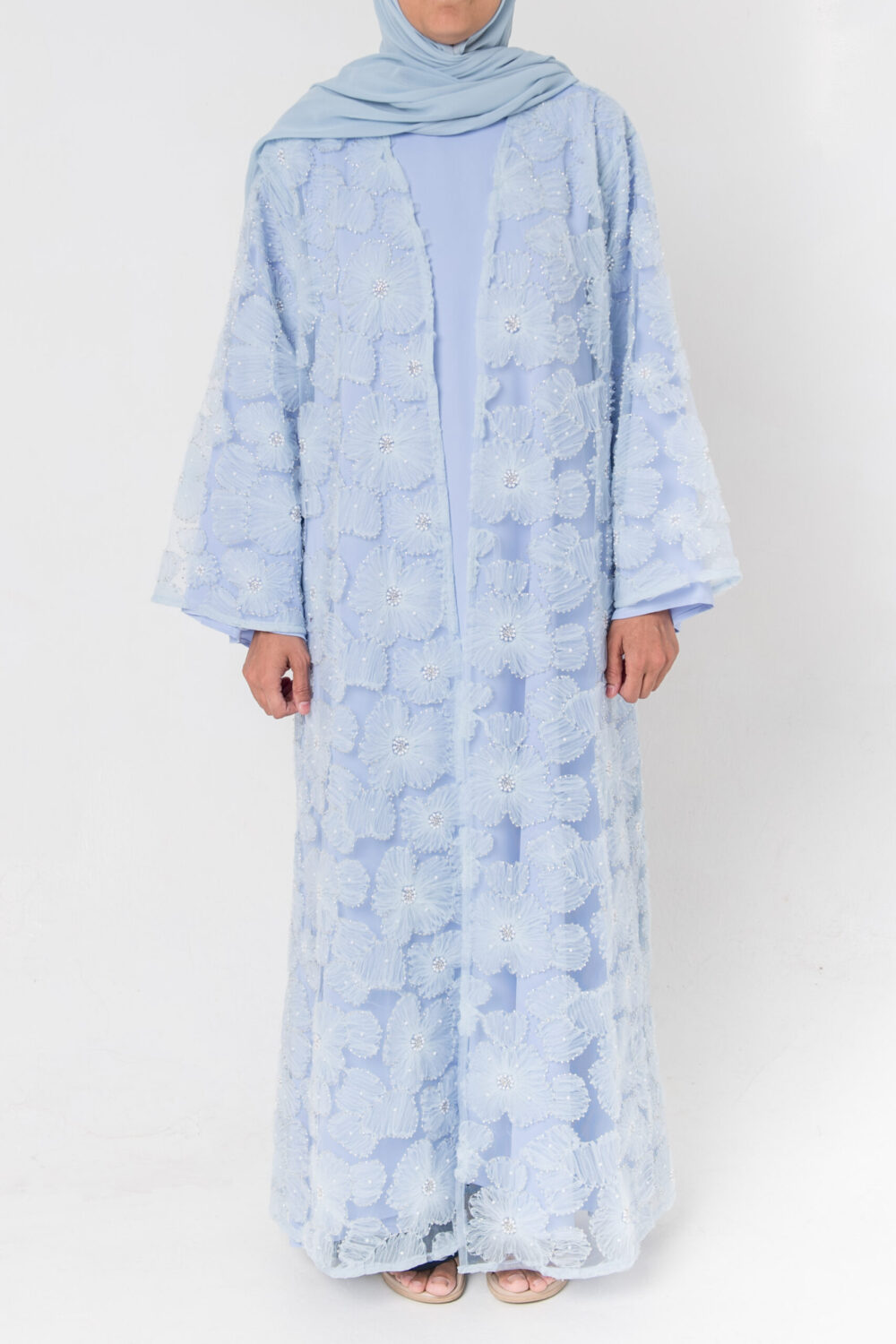 Event Elegance by Noora — sky blue floral embroidered occasion abaya, front view