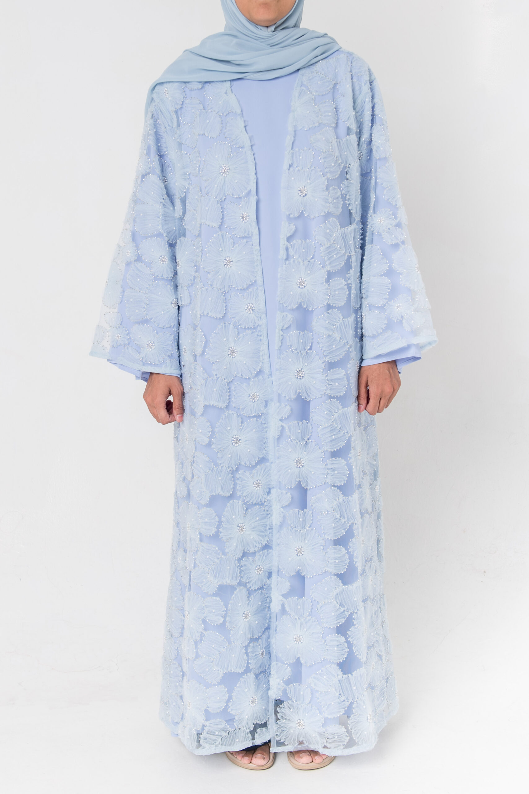 Event Elegance by Noora — sky blue floral embroidered occasion abaya, front view