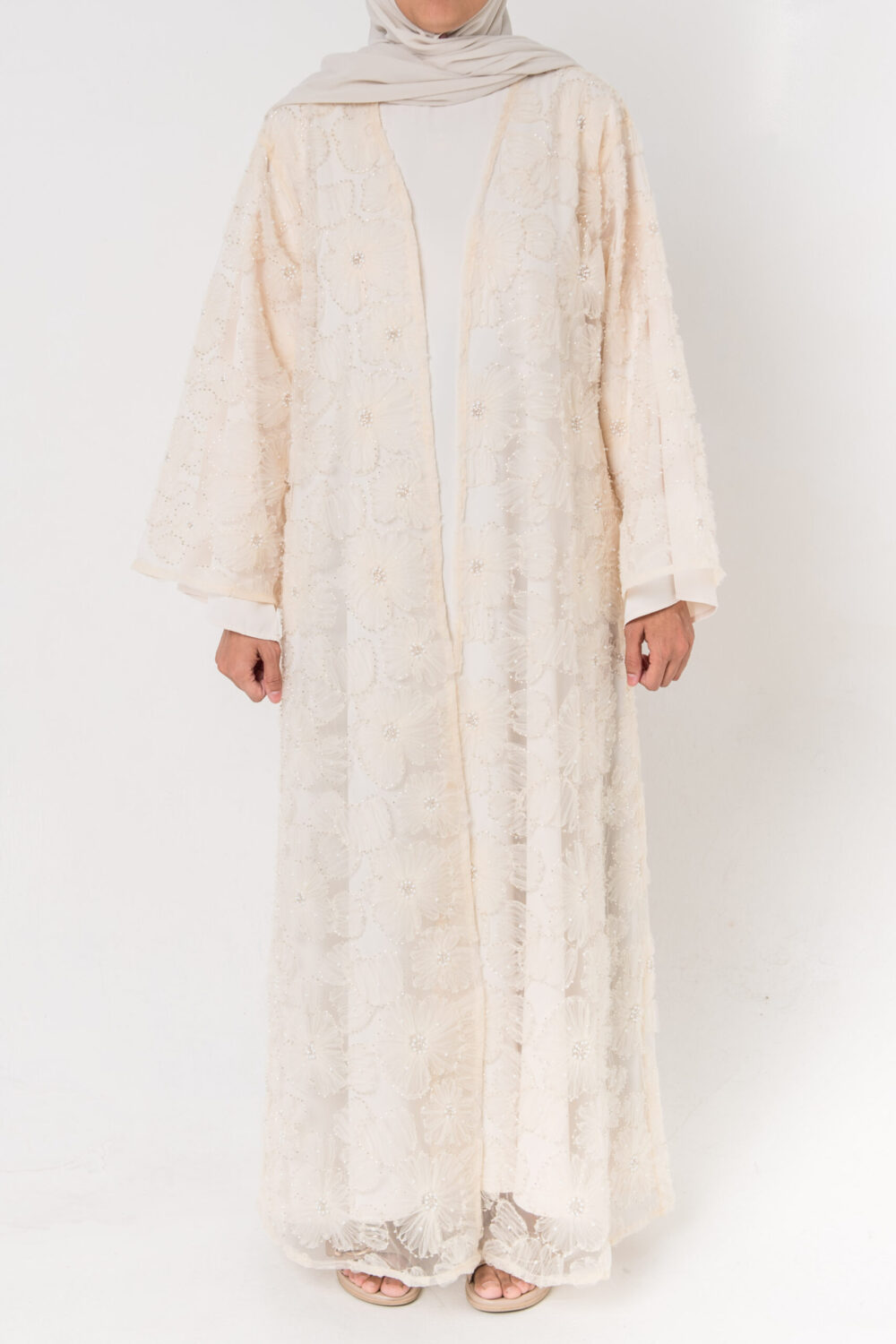 Pearl Petal Abaya — ivory floral evening abaya with matching hijab, front view