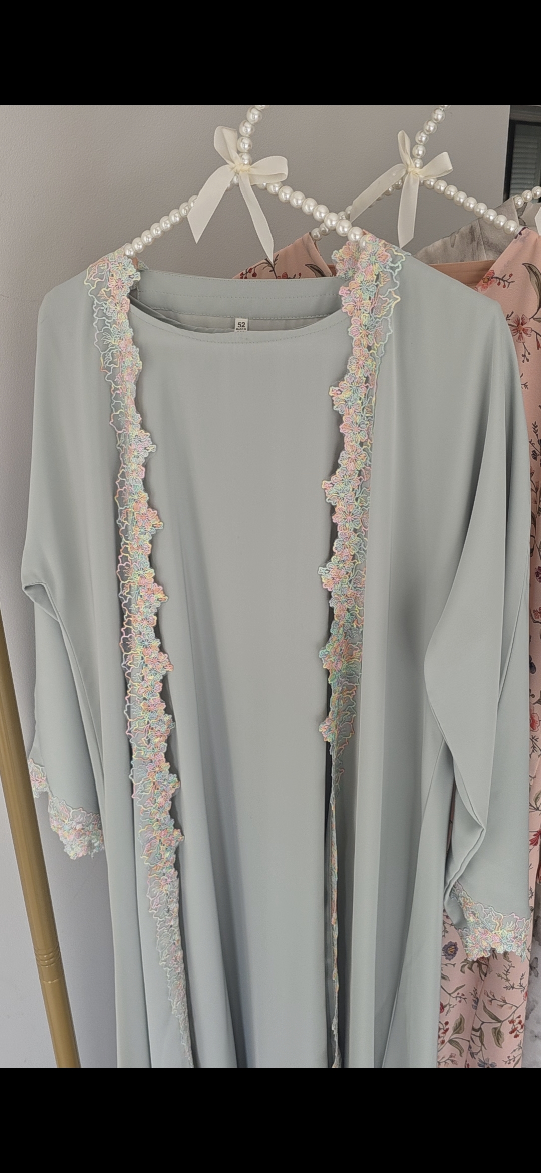 Mint Lace Abaya — mint green abaya with lace trim, back view