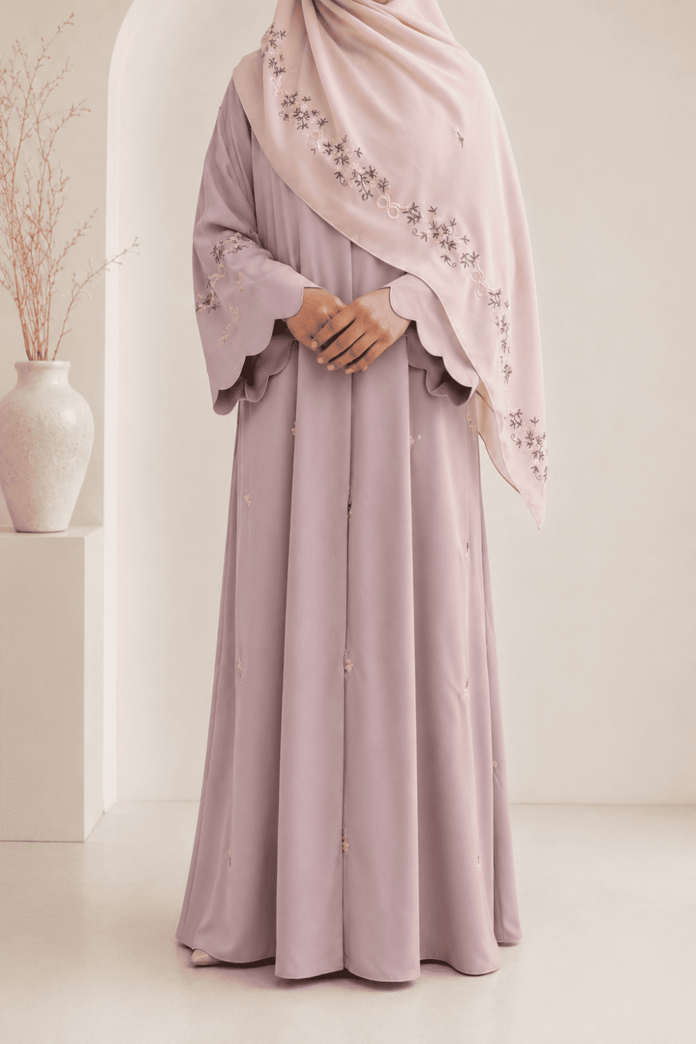 Rose Abaya — dusty rose abaya with embroidered matching hijab, front view