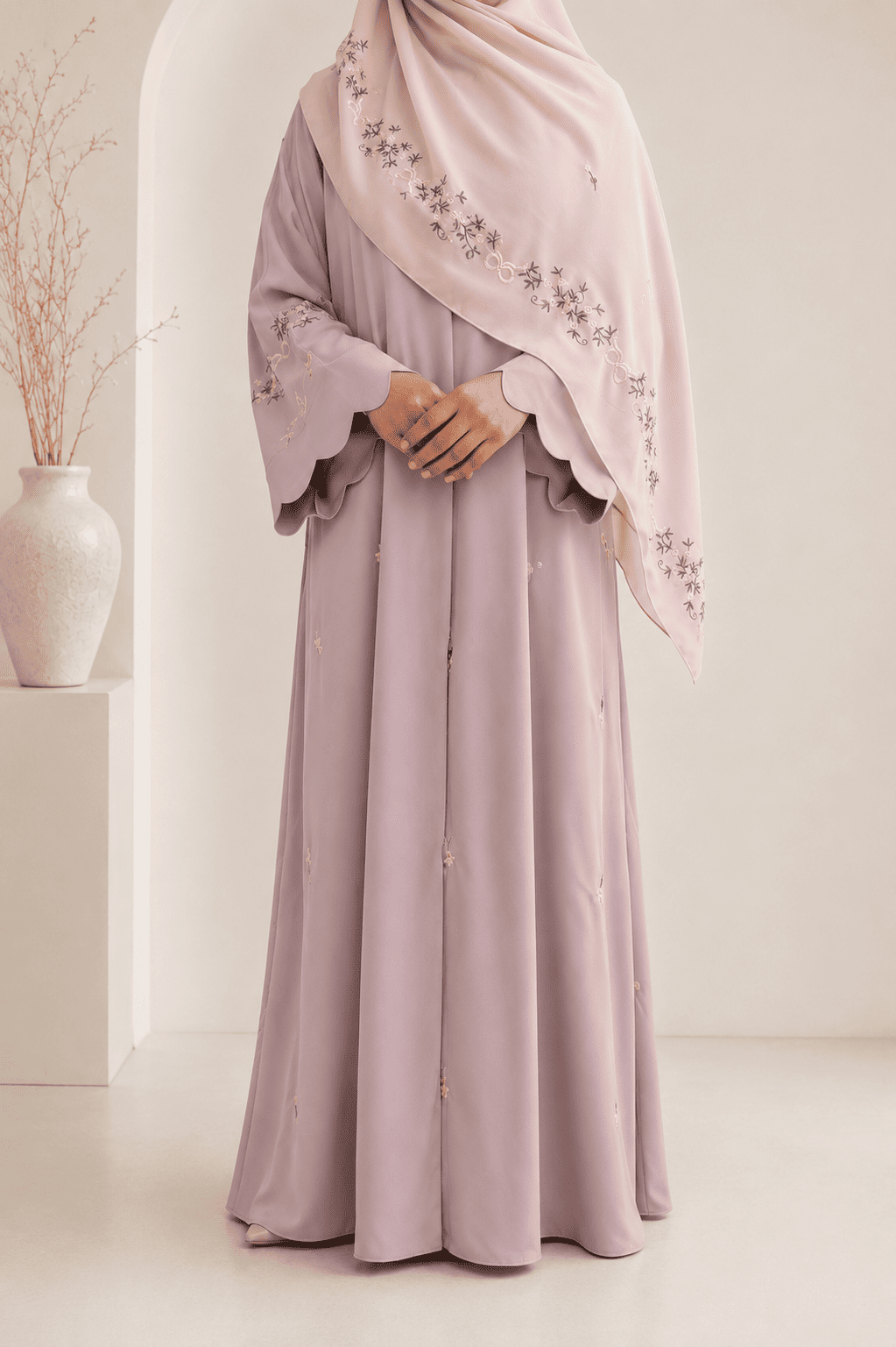 Rose Abaya — dusty rose abaya with embroidered matching hijab, front view
