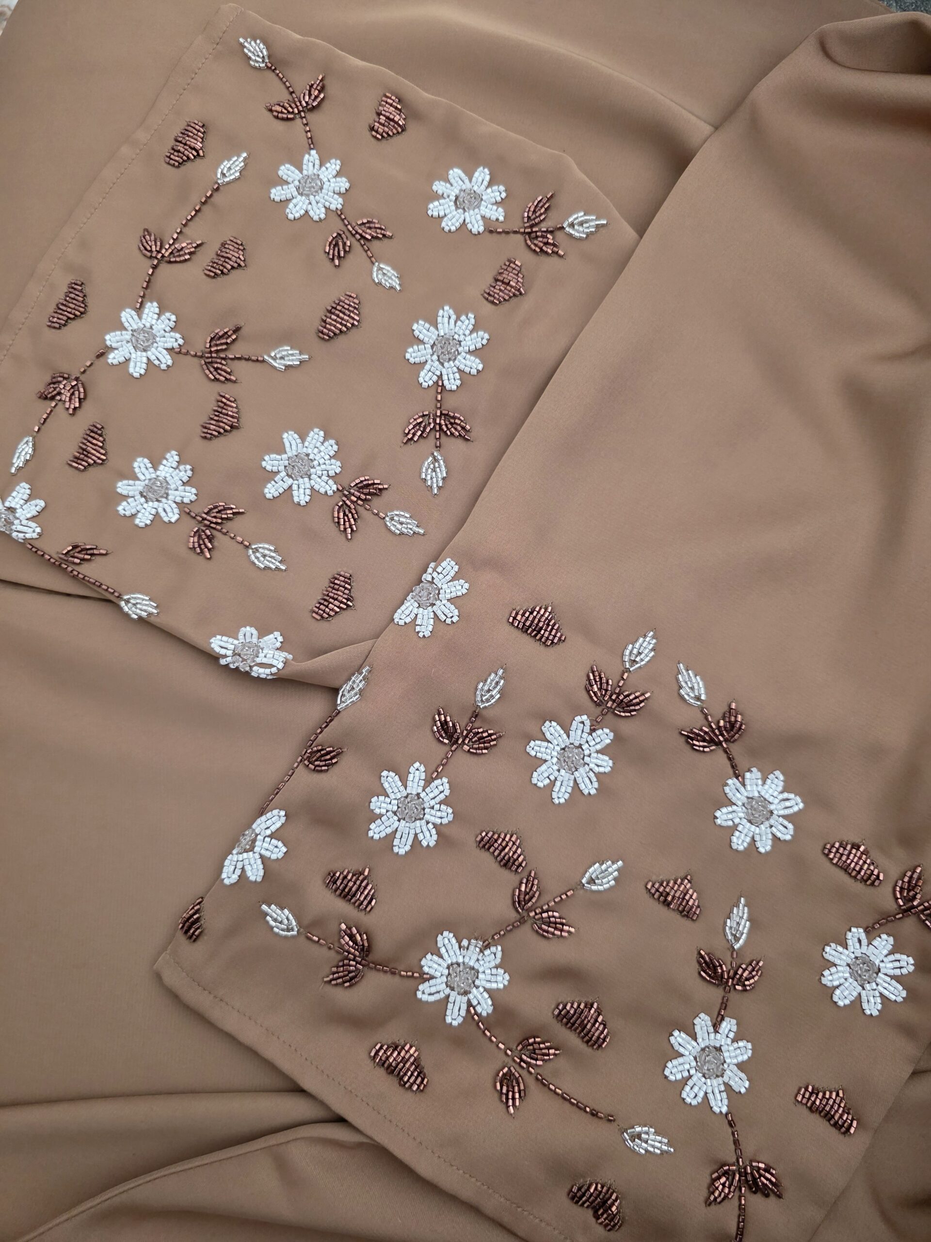 20260411_120219 Cocoa Bloom Abaya — hand-embroidered Korean Nidha Silk occasion abaya with matching hijab