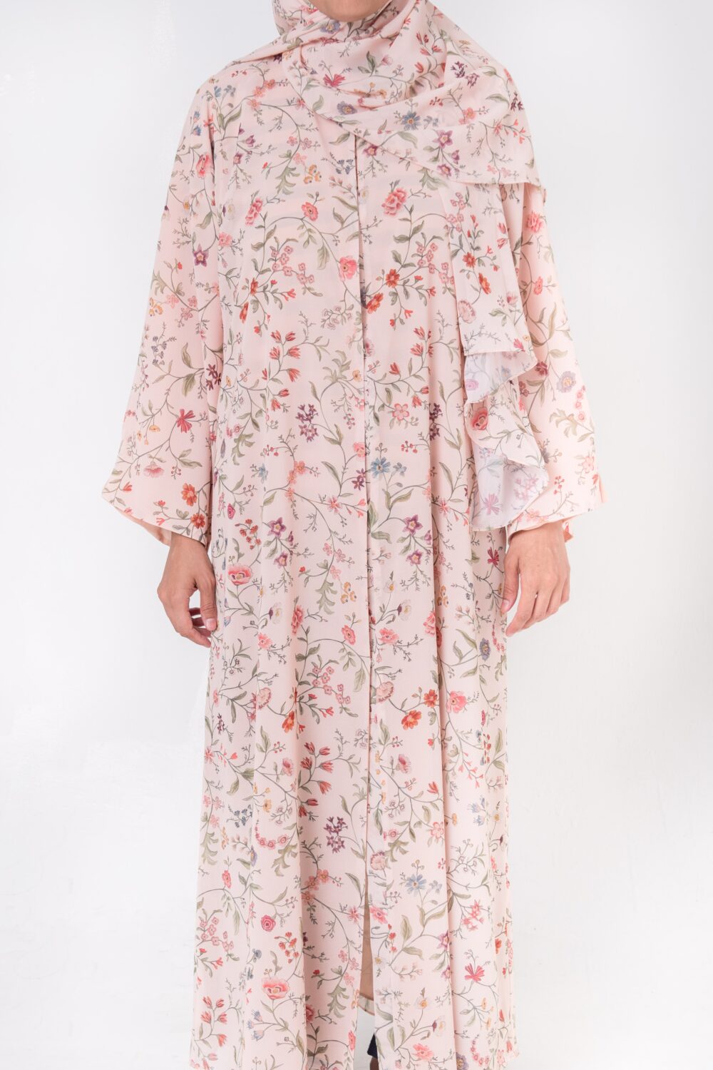 Blossom Abaya — floral chiffon abaya with matching hijab, front view