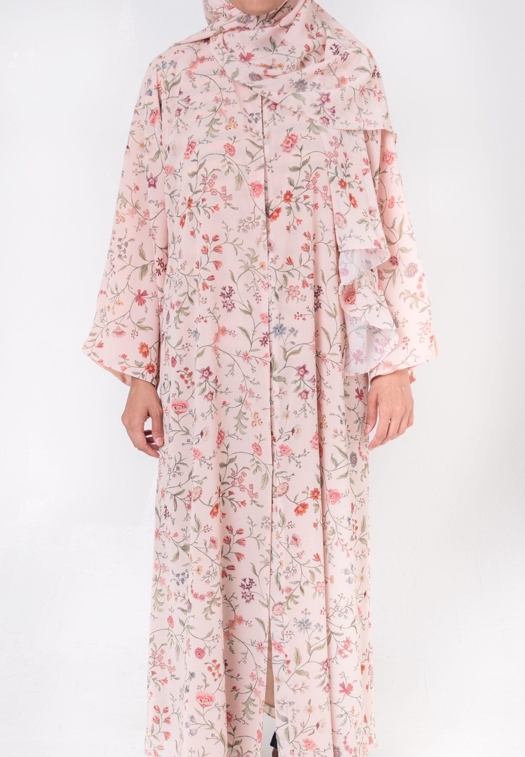 Blossom Abaya — floral chiffon abaya with matching hijab, front view